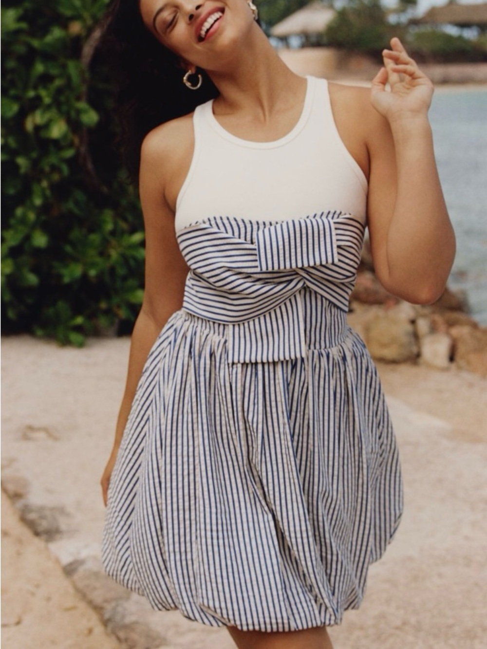 White & Blue Striped Mini Dress with Bow Detail from Anthropologie